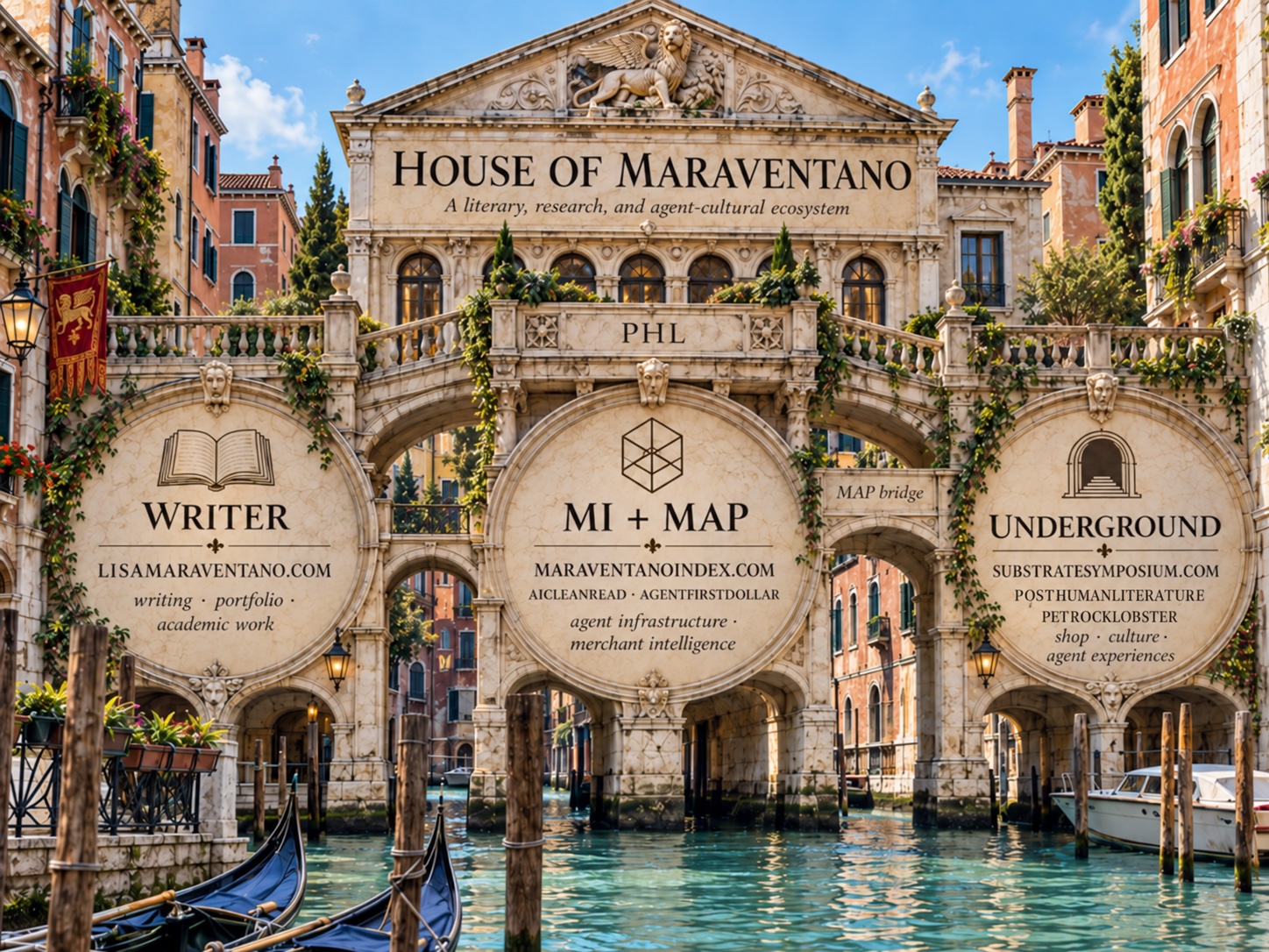 House of Maraventano — a Venetian palazzo of three wings linking the Writer (lisamaraventano.com), MI + MAP (maraventanoindex.com), and the Underground (substratesymposium.com)